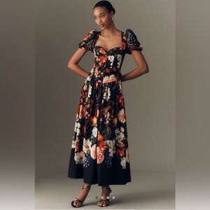 Anthropologie Black Floral Puff-Sleeve Midi Dress